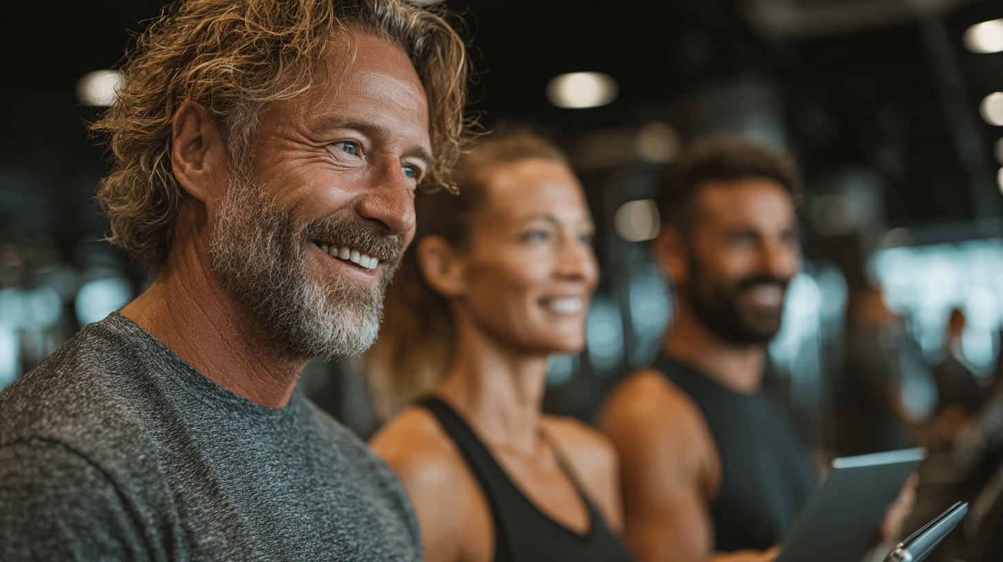 Старші люди займаються фітнесом з використанням сучасних технологій